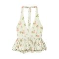 Floral halter top with V-neck, cinched waist, and flowy hem in cream and pink floral print - XS / Tops / Printing