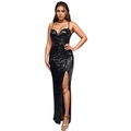 Elegantes schwarzes Pailletten-Abendkleid mit V-Ausschnitt und hohem Schlitz für Damen - S / Schwarz
