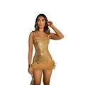 Close-up of gold sequin bodycon dress with fluffy feather trim on the bottom hem - XL / Gold