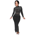 Ensemble deux pièces noir pour femme avec crop top à manches longues et jupe longue en strass - S / C7093-Noir