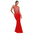 Detailed view of red mermaid evening dress with silver rhinestone accents and open back design - S / Red