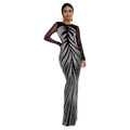 Elegant black long sleeve bodycon dress with sheer mesh panels and sparkling rhinestones - S / Black