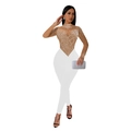 Detail of sheer mesh bodysuit with white rhinestones and slim-fit long trousers - S / Apricot