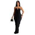 Detail of elegant black floor-length dress featuring a plunging V-neckline and metal accents - S / Black