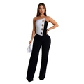 Combinaison bustier bicolore chic avec boutons dorés élégants et coupe jambes larges - Patchwork Noir et Blanc