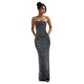 Detailed close-up of sparkling silver square sequins on a black bodycon evening dress - S / Black