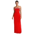 Détail de la robe longue rouge bustier avec perles blanches de luxe et fente à la cuisse - S / Rouge