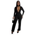 Macro detail of sexy V-neck black jumpsuit with sparkling rhinestones and matching choker - S / Black