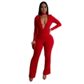 Sparkling red sequin jumpsuit with deep V-neck, long sleeves and matching neck accessory - S / Red