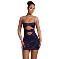 Detailed view of dark blue sequined mini dress featuring stylish hollow-out waist cutouts - S / Blue