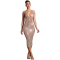 Detail shot of a slim-fit nude rhinestone sling dress with deep V-neck and shimmering fabric - S / Apricot