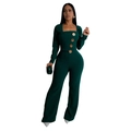 Detailed close-up of dark green long-sleeve jumpsuit with decorative gold buttons - S / Dark Green