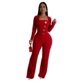 Detail of square neck red jumpsuit featuring four decorative large golden buttons - S / Red