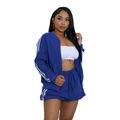 Detail of blue two-piece tracksuit featuring white side stripes on jacket and shorts - S / Blue