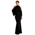 Detail of elegant black off-shoulder long dress with hanging fringe sleeves and mermaid hem - S / Black