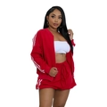 Detail of red athletic jacket and shorts set featuring white three-stripe side decor - S / Red
