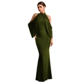 Close-up of elegant halter neckline with draped olive green fabric on a slim dress - S / Army Green