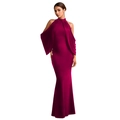 Detail of draped sleeves and shiny satin fabric on an elegant off-shoulder evening dress - S / Burgundy