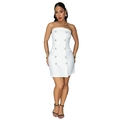 Detail van een witte strapless double-breasted jurk met metalen knopen en klepzakken - S / Wit