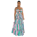 Detail of colorful vertical striped tiered maxi skirt and strapless twist crop top - S / Green