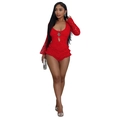 Elegant red lace long sleeve bodysuit with ruffled hem and bow tie hollow out front - S / Red
