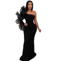 Detailed view of the layered organza ruffle on the shoulder of the black evening dress - S / Black