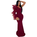 Detail of the oversized organza ruffled sleeve on a burgundy one-shoulder mermaid gown - S / Burgundy
