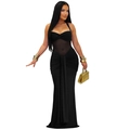 Sexy schwarzes Halfter-Maxikleid mit transparentem Mesh und gerafften Details - S / Schwarz