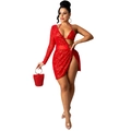 Detail of red sequined dress showing asymmetrical cut, waist cutout, and metal ring buckle - L / Red