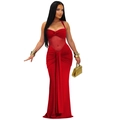 Elegantes rotes Halter-Maxikleid mit transparentem Netz und gerafften Details - S / Rot