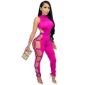 Detail view of pink cutout jumpsuit featuring metallic ring connectors and high neck design - M / Rose Red