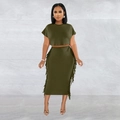 Olive green two-piece set featuring short sleeve crop top and fringe detail midi skirt - S / Dark Green