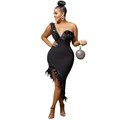 Close-up of elegant black feather trim on a one-shoulder V-neck evening party dress - S / Black