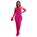 Detail of rose pink halter maxi dress with floral neck and matching lace gloves - L / Rose Red