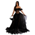 Detail of strapless black evening gown featuring corset bodice with feathers and tulle skirt - S / Black