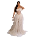 Detail of cream white mesh dress with feather shoulder accents and boned corset bodice - S / Light Pink