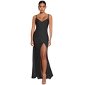 Dettaglio di un abito da sera nero con scollo a V, spacco alto e silhouette slim elegante - S / Nero
