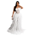 Detail of white tube evening dress featuring fluffy feather trim and layered mesh tulle skirt - S / White