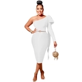 Elegant white one-shoulder midi dress featuring a single long sleeve and a gold waist belt - White