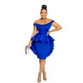 Detailed view of dark blue off-shoulder dress featuring a structured peplum waist design - S / Blue