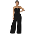 Detail of elegant black strapless jumpsuit with silver rhinestone buttons and wide legs - S / Black