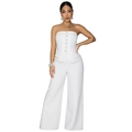 Detail of white corset jumpsuit featuring buttons, peplum waist, and wide leg trousers - S / White