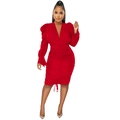 Detail of red long sleeve V-neck ruched dress with bubble shoulders and drawstring hem - S / Red