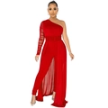 Detail of red one-shoulder jumpsuit with sheer mesh sleeve and long chiffon train - S / Top And Bottom / Red