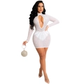 Detail of white mesh dress featuring shimmering rhinestones and chest cutout design - S / White