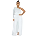 Detail view of white one-shoulder jumpsuit featuring a sheer sleeve and floor-length skirt overlay - S / Top And Bottom / White