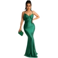 Detailed view of the emerald green satin dress with twist front and deep V-neckline - Green
