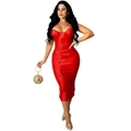 Detail of red sequined bodycon dress with sweetheart neckline and ruched fabric texture - S / Tops / Red