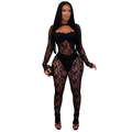 Close-up of black sheer lace bodysuit featuring long sleeves and intricate cut-out detail - S / Black