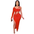 Sexy red asymmetrical long dress with cutout waist and metal eyelet details for parties - S / Red